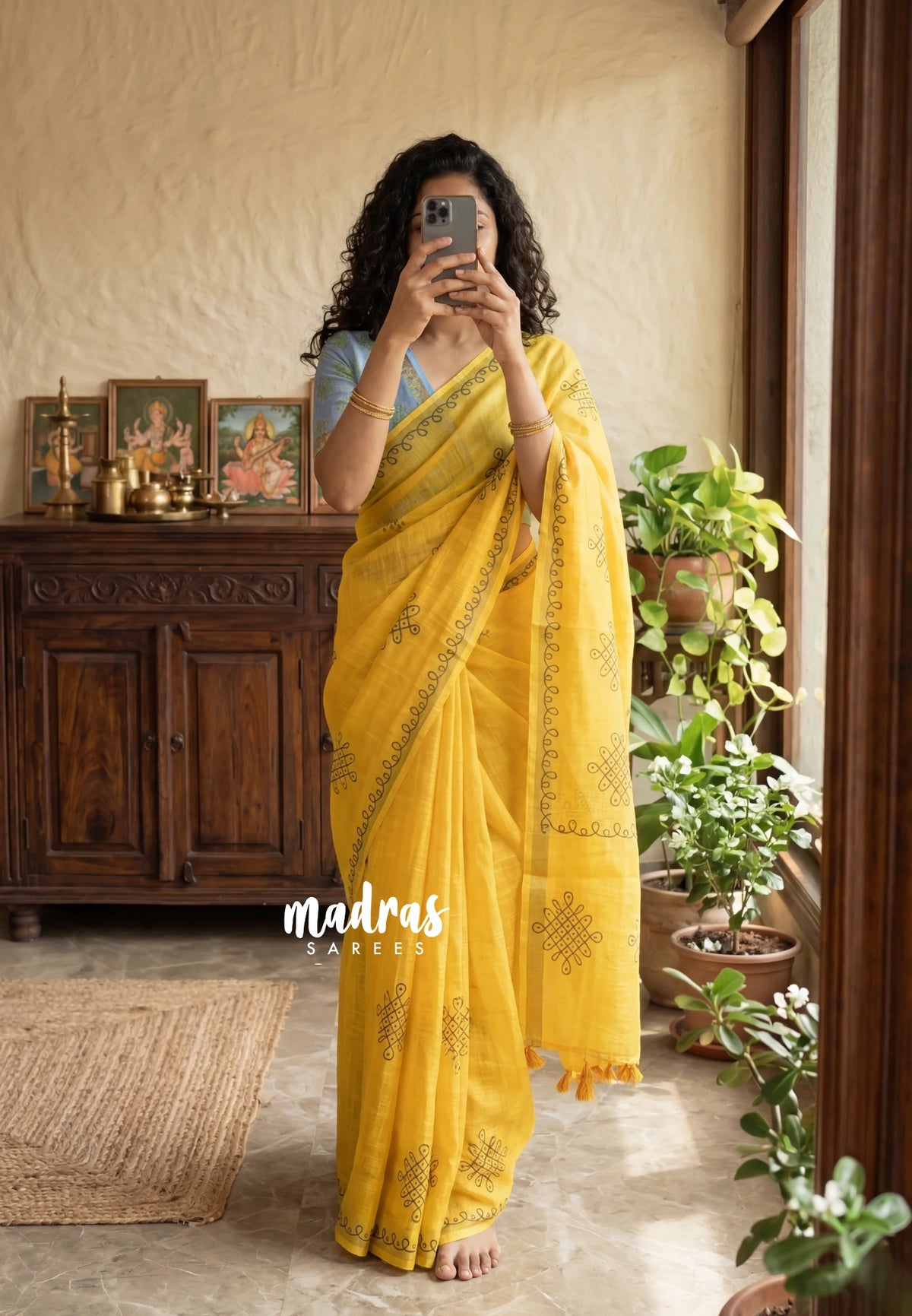 Paris Yellow - Pragathi - Linen Cotton Saree Kolam Print wiht Contrast Blouse - Perfect for Office Wear | Summer wear | Casual Wear