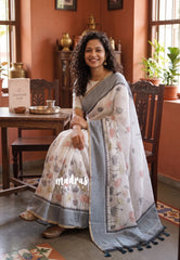 Pearl White - Pragathi - Linen Cotton Saree Lotus Print with Plain Border - Perfect for Office Wear | Summer wear | Casual Wear