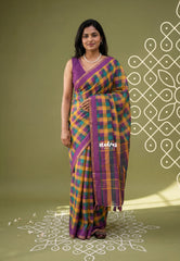 Rainbow Madras Checks - Pragath - Linen Cotton Saree with Madras Checks and Tiny Border - Perfect for Office Wear | Summer wear | Casual Wear