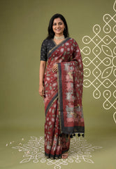 Reddish Maroon - Pragath - Linen Cotton Saree with Pichwai Lotus and Cow Prints - Perfect for Office Wear | Summer wear | Casual Wear