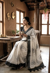 Ivory White - Pragathi - Linen Cotton Saree with Big Rose Prints - Best for Office Wear | Casual Wear