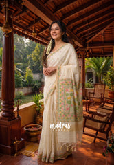 Creamy Ivory - Soft Muslin Silk Floral Weaving Border with Divine Lotus Pallu Thread Weaving - Perfect for Office Wear | Summer Wear