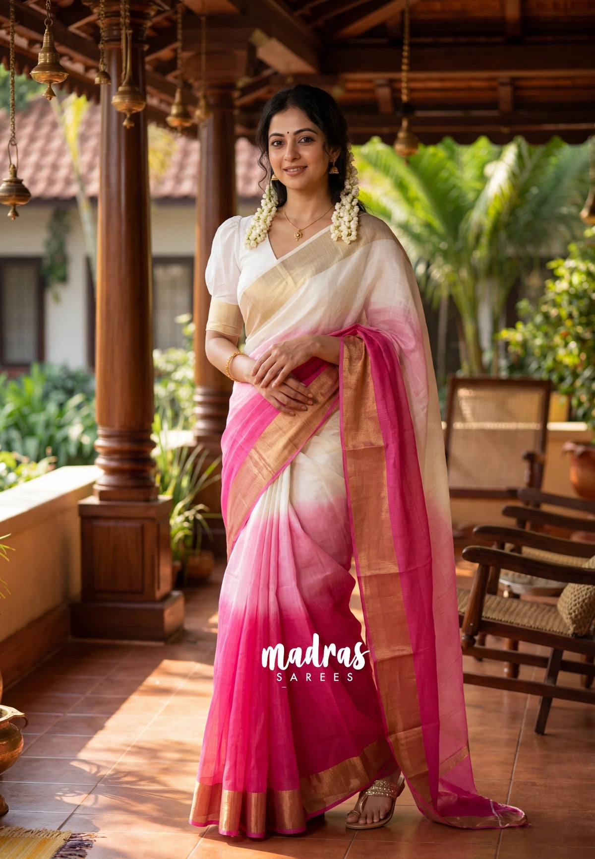 Rosy Ivory - Linen Cotton Gradient Saree with Tissue Border - Perfect for Office Wear | Summer wear | Casual Wear