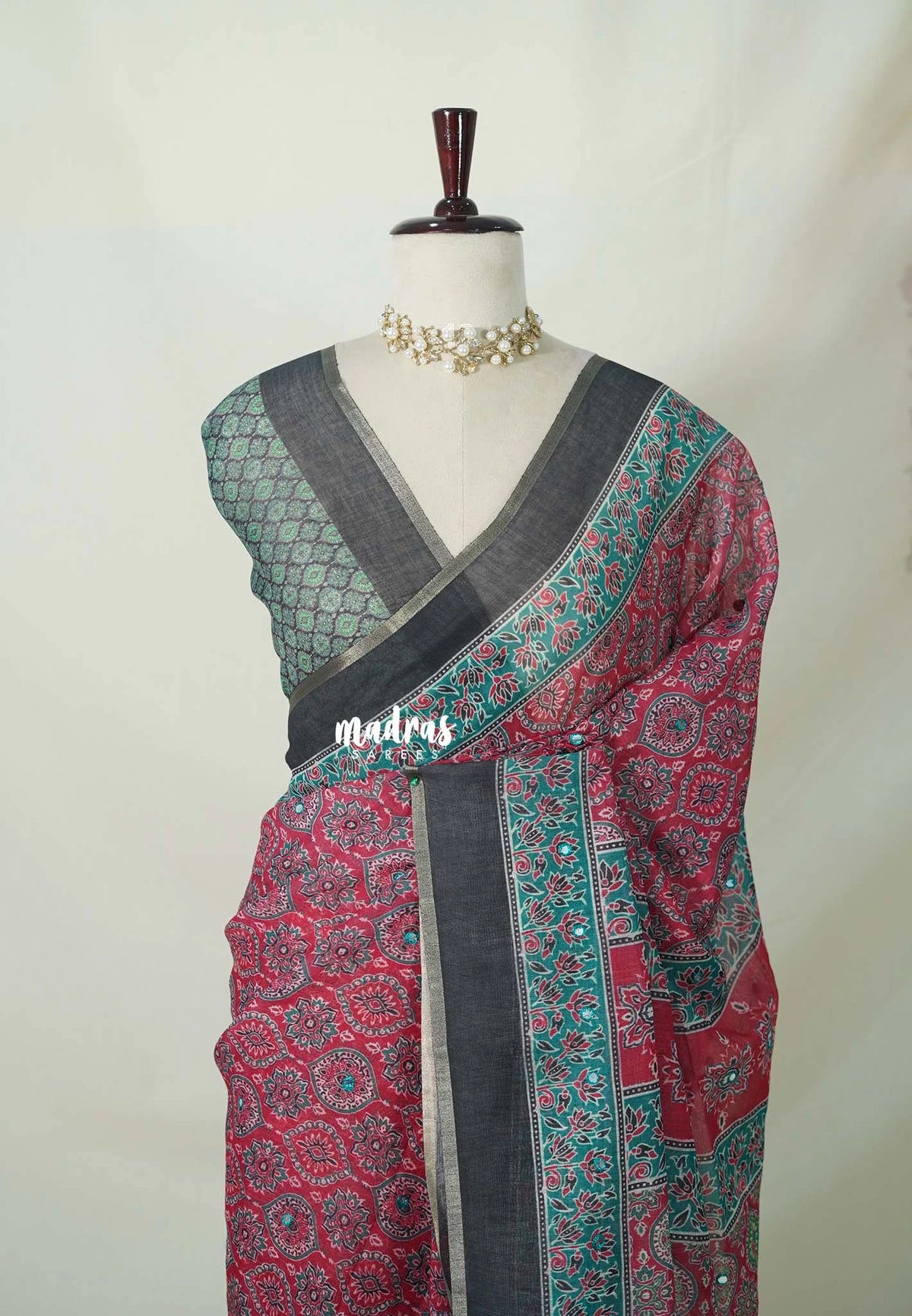 Muted Crimson Pink - Pragathi - Linen Cotton Saree Mirror Work with Ajrakh Prints - Best for Office Wear | Casual Wear