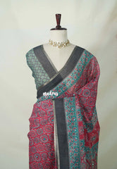 Muted Crimson Pink - Pragathi - Linen Cotton Saree Mirror Work with Ajrakh Prints - Best for Office Wear | Casual Wear