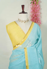Pastel Aqua Blue - Linen Cotton Saree Floral Print with Tiny Border - Best for Office Wear | Casual Wear | Doctors | Professors | Teachers Friendly