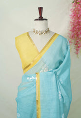 Pastel Aqua Blue - Linen Cotton Saree Floral Print with Tiny Border - Best for Office Wear | Casual Wear | Doctors | Professors | Teachers Friendly