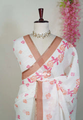 Creamy Ivory - Pragathi - Linen Cotton Saree Rose Prints - Perfect for Office Wear | Summer wear | Casual Wear