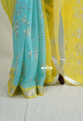 Aqua Blue & Lime Yellow - Pragathi - Linen Cotton Saree Half and Half with Floral Prints and Mangalgiri Border - Best for Small Functions