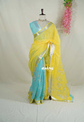 Aqua Blue & Lime Yellow - Pragathi - Linen Cotton Saree Half and Half with Floral Prints and Mangalgiri Border - Best for Small Functions