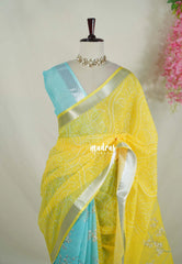 Aqua Blue & Lime Yellow - Pragathi - Linen Cotton Saree Half and Half with Floral Prints and Mangalgiri Border - Best for Small Functions