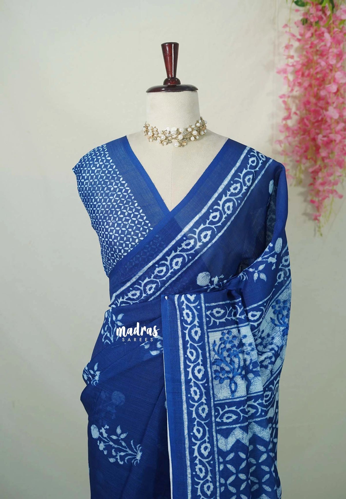 Indigo Blue - Pragathi - Linen Cotton Saree Floral Prints - Perfect for Office Wear | Summer wear | Casual Wear