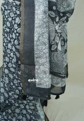 Ebony Black - Pragathi - Linen Cotton Saree Lotus Kalamkari Prints with Tiny Border - Perfect for Office Wear | Summer wear | Casual Wear