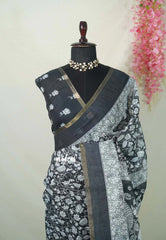 Ebony Black - Pragathi - Linen Cotton Saree Lotus Kalamkari Prints with Tiny Border - Perfect for Office Wear | Summer wear | Casual Wear
