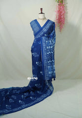 Indigo Blue - Pragathi - Linen Cotton Saree Floral Prints - Perfect for Office Wear | Summer wear | Casual Wear