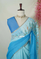 Sky Melody Blue Ombre - Pragathi Linen Cotton Saree with Gradient Ombre tone and Floral Digital Prints - Perfect for Office Wear | Summer wear | Casual Wear