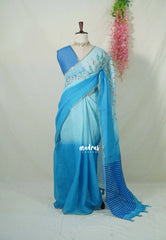 Sky Melody Blue Ombre - Pragathi Linen Cotton Saree with Gradient Ombre tone and Floral Digital Prints - Perfect for Office Wear | Summer wear | Casual Wear