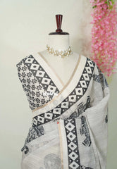 Muted Beige - Pragathi - Linen Cotton Saree with Elephant Print Border and Tiny Border - Perfect for Office Wear | Summer wear | Casual Wear