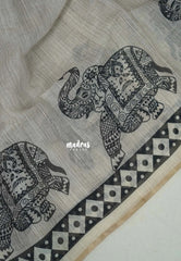 Muted Beige - Pragathi - Linen Cotton Saree with Elephant Print Border and Tiny Border - Perfect for Office Wear | Summer wear | Casual Wear