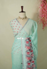 Aqua Mist - Pragathi - Linen Cotton Saree with Floral Print and Tiny Border - Perfect for Office Wear | Summer wear | Casual Wear