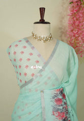Aqua Mist - Pragathi - Linen Cotton Saree with Floral Print and Tiny Border - Perfect for Office Wear | Summer wear | Casual Wear