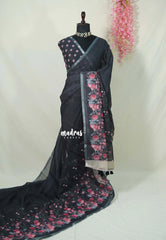 Elephant Black - Pragathi - Linen Cotton Saree with Floral Print and Tiny Border - Perfect for Office Wear | Summer wear | Casual Wear