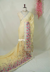 Creamy Butter Yellow - Pragathi - Linen Cotton Saree with Floral Print and Tiny Border - Perfect for Office Wear | Summer wear | Casual Wear