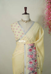 Creamy Butter Yellow - Pragathi - Linen Cotton Saree with Floral Print and Tiny Border - Perfect for Office Wear | Summer wear | Casual Wear