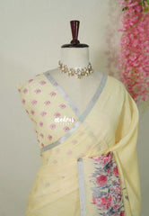Creamy Butter Yellow - Pragathi - Linen Cotton Saree with Floral Print and Tiny Border - Perfect for Office Wear | Summer wear | Casual Wear