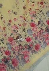 Creamy Butter Yellow - Pragathi - Linen Cotton Saree with Floral Print and Tiny Border - Perfect for Office Wear | Summer wear | Casual Wear