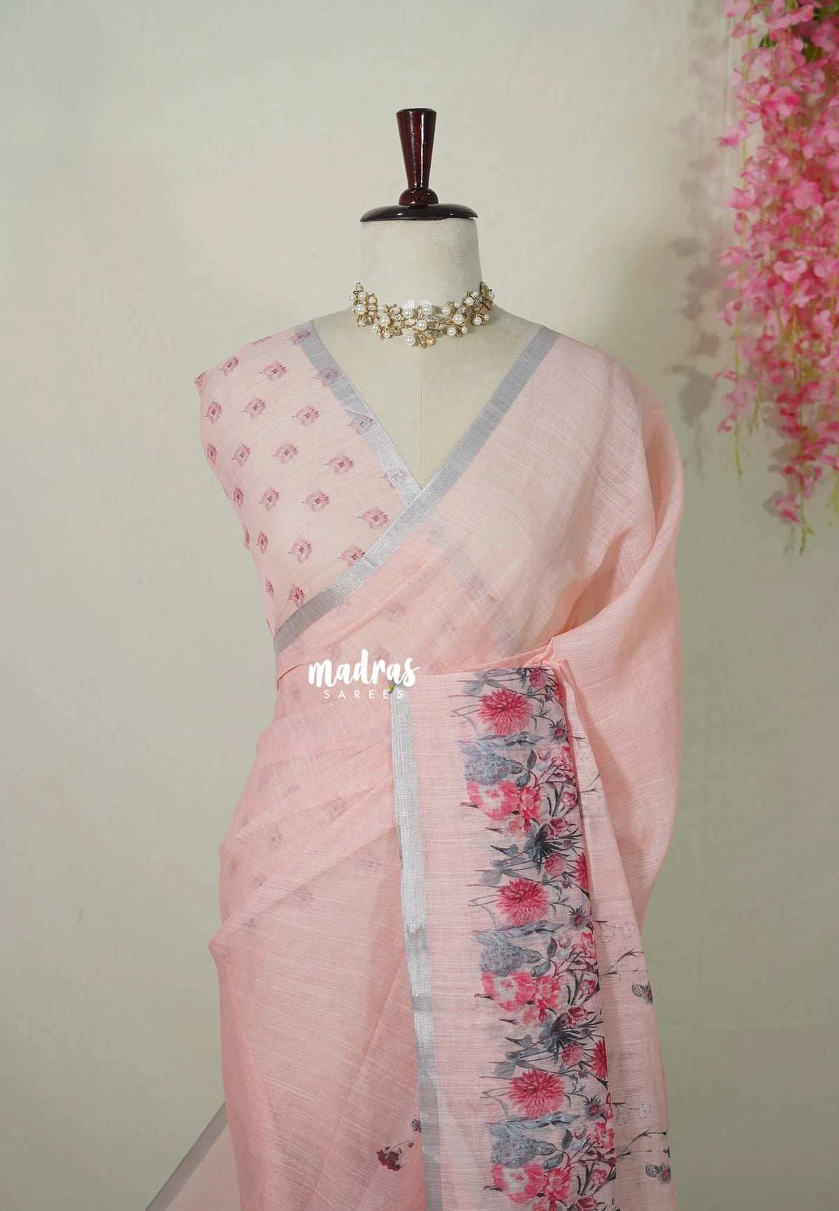 Peach Glow - Pragathi - Linen Cotton Saree with Floral Print and Tiny Border - Perfect for Office Wear | Summer wear | Casual Wear