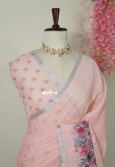 Peach Glow - Pragathi - Linen Cotton Saree with Floral Print and Tiny Border - Perfect for Office Wear | Summer wear | Casual Wear