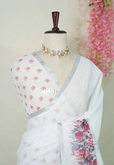 Snow White - Pragathi - Linen Cotton Saree with Floral Print and Tiny Border - Perfect for Office Wear | Summer wear | Casual Wear