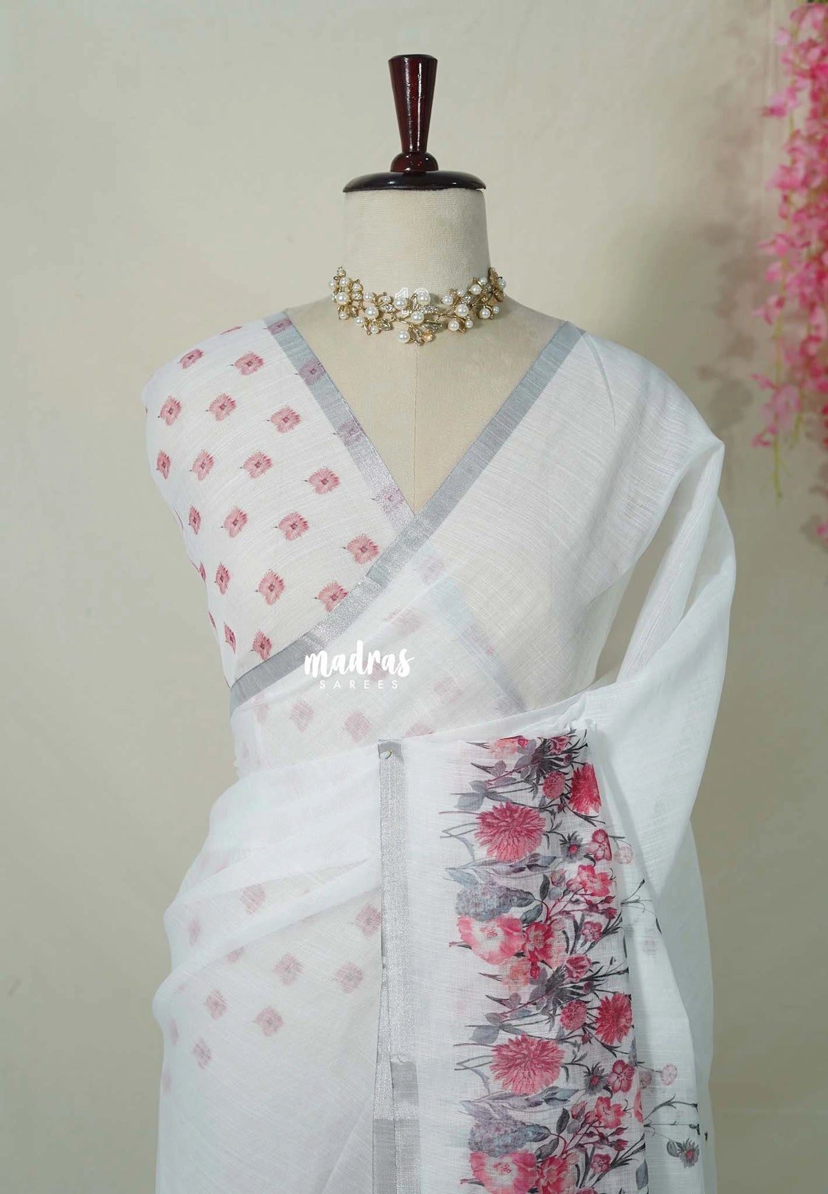 Snow White - Pragathi - Linen Cotton Saree with Floral Print and Tiny Border - Perfect for Office Wear | Summer wear | Casual Wear