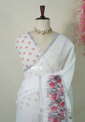 Snow White - Pragathi - Linen Cotton Saree with Floral Print and Tiny Border - Perfect for Office Wear | Summer wear | Casual Wear