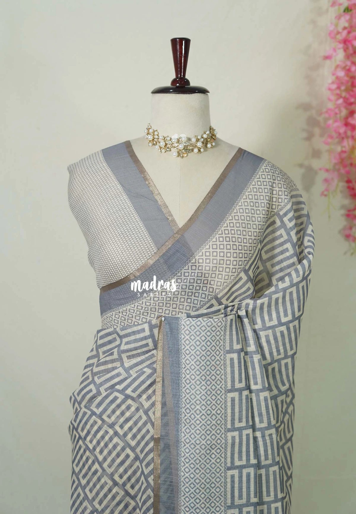 Grey with Beige - Pragathi - Linen Cotton Saree with Modern Print and Tiny Border - Perfect for Office Wear | Summer wear | Casual Wear