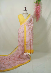 Blushing Peach - Pragathi - Linen Cotton Saree Flower Prints with Contrast Blouse and Tiny Border - Perfect for Office Wear | Summer wear | Casual Wear