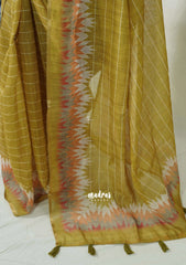 Olive Mehndi Green - Pragathi - Linen Cotton Saree Stripes Prints with Tiny Border - Perfect for Office Wear | Summer wear | Casual Wear