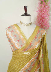 Olive Mehndi Green - Pragathi - Linen Cotton Saree Stripes Prints with Tiny Border - Perfect for Office Wear | Summer wear | Casual Wear