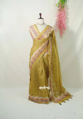 Olive Mehndi Green - Pragathi - Linen Cotton Saree Stripes Prints with Tiny Border - Perfect for Office Wear | Summer wear | Casual Wear