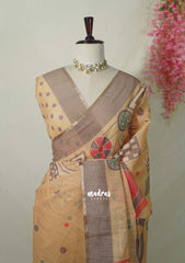 Sandal Beige - Pragathi - Linen Cotton Saree Modern Prints with Tiny Border - Perfect for Office Wear | Summer wear | Casual Wear