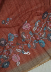 Muted Brick Red - Pragathi - Linen Cotton Saree Flower Prints with Tiny Border - Perfect for Office Wear | Summer wear | Casual Wear