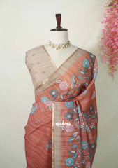 Muted Brick Red - Pragathi - Linen Cotton Saree Flower Prints with Tiny Border - Perfect for Office Wear | Summer wear | Casual Wear