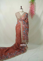 Muted Brick Red - Pragathi - Linen Cotton Saree Flower Prints with Tiny Border - Perfect for Office Wear | Summer wear | Casual Wear