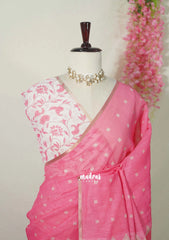 Cotton Candy Pink - Pragathi - Linen Cotton Saree Square Box Buttas Print with Contrast Blouse - Perfect for Office Wear | Summer wear | Casual Wear