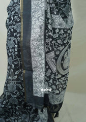 Jet Black - Pragathi - Linen Cotton Saree Flower Kalamkari Prints with Tiny Border - Perfect for Office Wear | Summer wear | Casual Wear