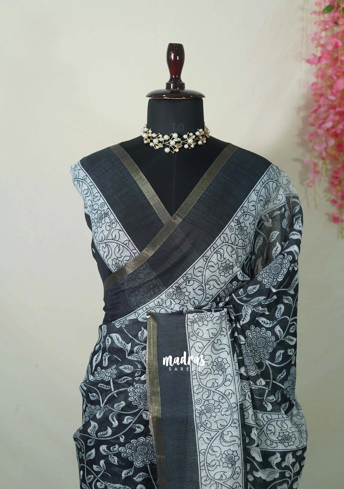 Jet Black - Pragathi - Linen Cotton Saree Flower Kalamkari Prints with Tiny Border - Perfect for Office Wear | Summer wear | Casual Wear