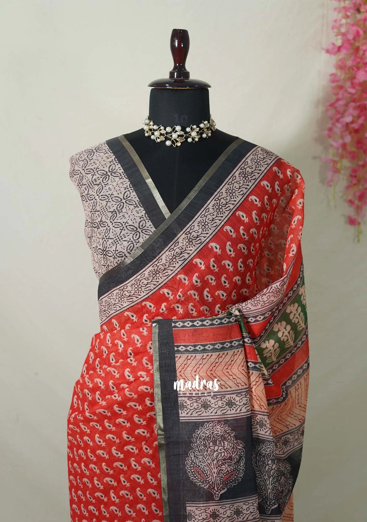 Orangish Red - Pragathi - Linen Cotton Saree Mango Bagru Prints with Tiny Border - Perfect for Office Wear | Summer wear | Casual Wear