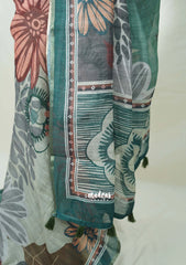 Multicolor with Peacock Jade - Pragathi - Linen Cotton Saree Big Flower Prints with Tiny Border - Perfect for Office Wear | Summer wear | Casual Wear