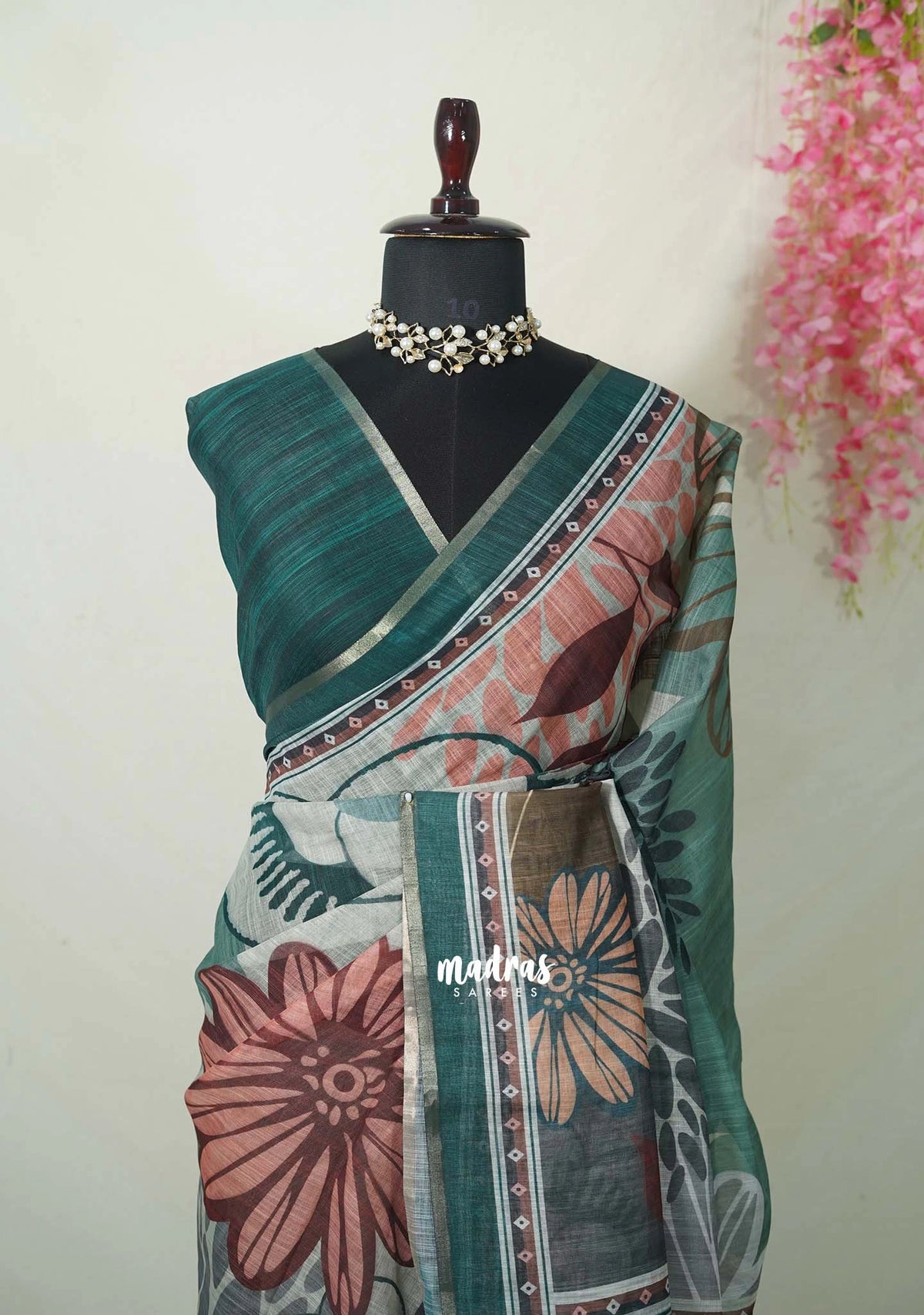 Multicolor with Peacock Jade - Pragathi - Linen Cotton Saree Big Flower Prints with Tiny Border - Perfect for Office Wear | Summer wear | Casual Wear